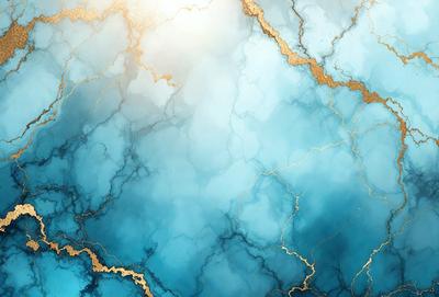 The primary subject of the image is a blue and gold marbled wall. The setting is a room with a blue and gold marbled wall, which serves as the background. The visual style of the image is a photo, showcasing the intricate design of the marbled wall. The dominant colors in the image are blue and gold, creating a luxurious and elegant atmosphere.