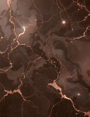 The primary subject of the image is a close-up of a black and brown marbled surface, possibly a wall or a piece of art. The setting is a dark room, and the visual style appears to be a combination of a photo and a digital art or illustration. The colors and mood of the image are dark and moody, with the black and brown marbled surface creating a dramatic and intriguing atmosphere.