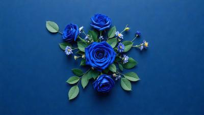 The primary subject of the image is a bouquet of blue roses. The setting is a blue background, which adds a sense of calmness and tranquility to the scene. The visual style is a close-up of the flowers, showcasing their beauty and details. The colors and mood of the image are predominantly blue, creating a serene and peaceful atmosphere.