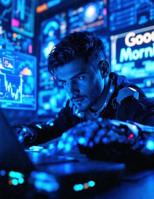 The primary subject of the image is a man sitting in front of a laptop computer. He is wearing a black jacket and appears to be working or browsing the internet. The setting is a room with a desk and a keyboard, and the visual style is a digital art or illustration. The colors in the image are predominantly blue, creating a calm and focused atmosphere.