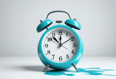The primary subject of the image is a blue alarm clock with a white face. The clock is placed on a table, and it is set to 10:15. The setting is a white background, which provides a clean and minimalist appearance. The visual style is a realistic representation of the alarm clock, and the colors and mood are predominantly blue and white, giving the image a calm and soothing atmosphere.