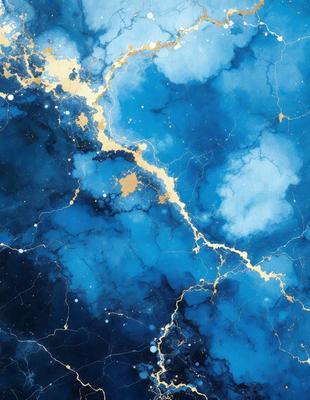 The primary subject of the image is a blue and gold painting of a galaxy. The setting is a blue background, and the visual style appears to be a digital art or illustration. The dominant colors are blue and gold, creating a serene and celestial atmosphere.