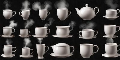 The primary subject of the image is a collection of white tea cups and a teapot. The cups are arranged in various positions, with some placed on saucers and others on a black background. The teapot is situated in the upper right corner of the image. The visual style of the image is a combination of photo and digital art, creating a realistic yet artistic representation of the tea cups and teapot. The colors and mood of the image are predominantly white, giving it a clean and elegant