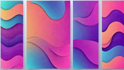 The primary subject of the image is a pair of colorful abstract paintings. The setting is a wall, and the visual style is a combination of digital art and illustration. The dominant colors are purple and pink, creating a warm and inviting atmosphere. The paintings are displayed on a wall, showcasing their vibrant colors and unique designs.