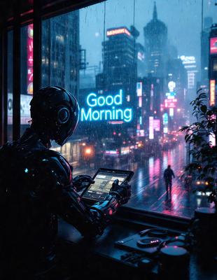 The primary subject of the image is a robot sitting in a window, looking out at the city. The setting is a rainy night in a city, with the robot's reflection visible on the window. The visual style is a digital art, creating a futuristic and surreal atmosphere. The colors are predominantly dark, with the robot being the main focus, and the cityscape outside the window being in shades of gray and black.