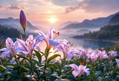 Primary subject: Flowers
Setting/background: A beautiful mountain lake
Visual style: Photo
Colors and mood: Pink and purple flowers, creating a serene and peaceful atmosphere.