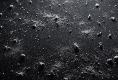 The primary subject of the image is a black background with a pattern of white specks or dots. The setting appears to be a dark, possibly industrial or urban environment. The visual style of the image is a close-up of the speckled surface, which gives it a textured and somewhat moody appearance. The colors and mood of the image are predominantly dark, with the white specks providing a contrasting element.