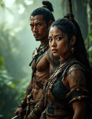 The primary subject of the image is a man and a woman standing together in a forest. They are both wearing costumes, with the woman having a more elaborate outfit. The setting is a lush green forest, with trees and plants surrounding the couple. The visual style of the image is a combination of photo and digital art, creating a unique and intriguing atmosphere. The colors in the image are predominantly green, with some brown and black accents, giving the scene a natural and serene mood.