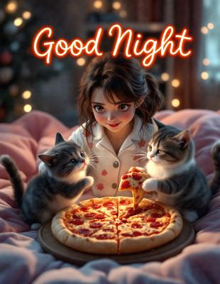 The image features a young girl sitting on a bed, surrounded by two cats. She is holding a slice of pizza, and there is a whole pizza on the bed as well. The scene appears to be a digital art or illustration, with a warm and cozy atmosphere. The primary subject is the girl and the cats, while the setting is a bedroom.