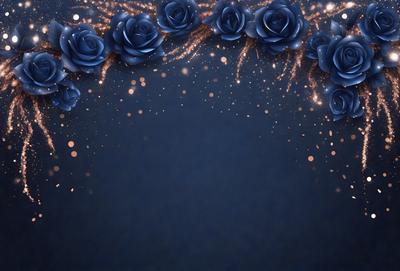 The primary subject of the image is a blue background with a row of blue roses. The setting is a dark blue background, and the visual style is a digital art or illustration. The dominant colors are blue and gold, creating a calm and serene atmosphere.