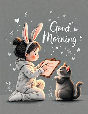 The primary subject of the image is a young girl sitting on the floor, writing in a notebook. The setting is a room with a cat sitting next to her. The visual style is a digital art illustration, and the colors and mood are warm and cozy.