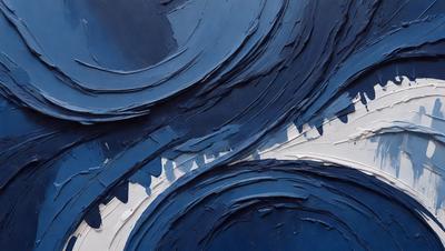 The primary subject of the image is a painting of a blue ocean with waves. The setting is a blue background, and the visual style appears to be a digital art or illustration. The dominant colors in the painting are blue and white, creating a serene and calming atmosphere.
