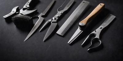 The primary subject of the image is a collection of various scissors and hair cutting tools. The setting is a black surface, possibly a table, where the tools are laid out. The visual style is a close-up of the scissors, showcasing their different sizes and designs. The colors and mood of the image are predominantly black, giving it a professional and organized appearance.