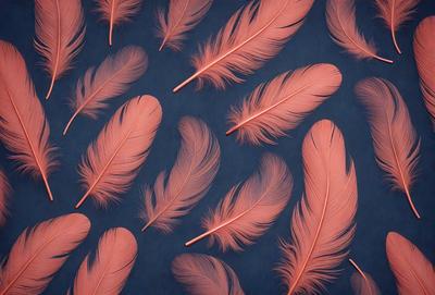 The primary subject of the image is a pattern of pink feathers. The setting is a blue background, which creates a striking contrast with the pink feathers. The visual style is a combination of photo and digital art, as the feathers are arranged in a visually appealing manner. The dominant colors are pink and blue, creating a warm and inviting atmosphere.