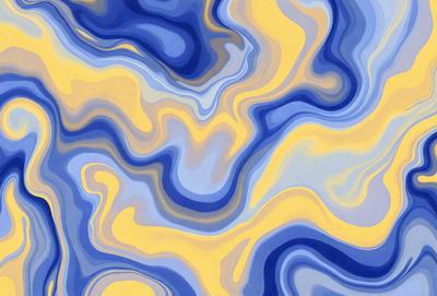 The primary subject of the image is a blue and yellow abstract art piece. The setting is a blue and yellow background, which complements the artwork. The visual style is a combination of digital art and illustration, creating a unique and eye-catching design. The dominant colors in the image are blue and yellow, which evoke a sense of warmth and energy.