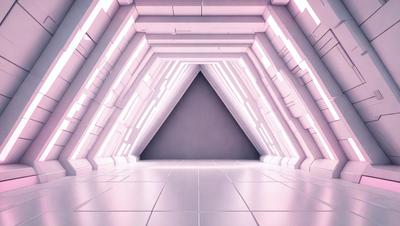 The primary subject of the image is a large, open, and empty room with a pinkish glow. The room is filled with white pillars and has a futuristic, industrial feel to it. The setting is a white room with a large triangle shape in the center, which adds a unique architectural element to the space. The visual style of the image is a combination of photo and digital art, creating a striking and modern atmosphere. The colors and mood of the image are predominantly pink and white, giving the