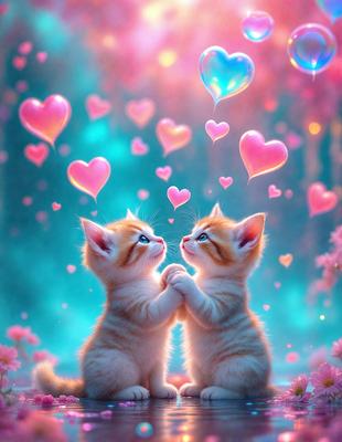 The primary subject of the image is two cats sitting next to each other. They are positioned in a way that they appear to be holding hands. The setting is a brightly colored, pink and blue background, which adds a playful and whimsical atmosphere to the scene. The visual style is a digital art or illustration, as the cats are depicted in a more stylized and artistic manner than a typical photo. The colors and mood of the image are vibrant and cheerful, with the