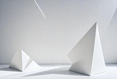 The primary subject of the image is a white triangle, which is the main object in the scene. The setting is a white wall, and the visual style appears to be a photo. The colors in the image are predominantly white, giving it a clean and minimalist appearance. The overall mood of the image is calm and simple.
