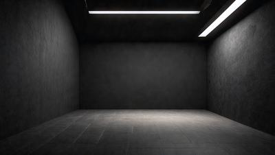 The primary subject of the image is a large, dark room with a white floor. The setting is a black and white photo, giving it a classic and timeless appearance. The visual style is a black and white photograph, which adds a sense of depth and contrast to the scene. The colors and mood of the image are predominantly dark, with the white floor providing a stark contrast against the black background.