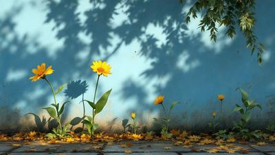 The primary subject of the image is a yellow flower, which is the main focus of the scene. The flower is located on a brick wall, surrounded by a few other flowers. The setting is an outdoor environment, with the wall being the main background. The visual style of the image is a photo, capturing the beauty of the flowers in their natural surroundings. The colors in the image are predominantly yellow, creating a warm and inviting atmosphere.