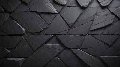 The primary subject of the image is a black stone wall with a pattern of triangles. The setting is a dark room, and the visual style appears to be a close-up of the stone wall. The colors and mood of the image are predominantly dark, with the black stone wall being the main focus.