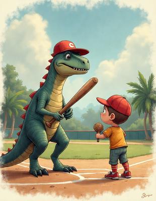 Primary subject: A cartoon dinosaur holding a baseball bat.

Setting/background: A baseball field with a palm tree in the background.

Visual style: Digital art.

Colors and mood: The image is colorful and has a playful atmosphere.