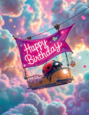 Happy Birthday: A pink banner with a heart on it, featuring a ladybug character.

Setting/background: A colorful, cloudy sky.

Visual style: Digital art.

Colors and mood: Pink, purple, and blue, with a cheerful and celebratory atmosphere.
