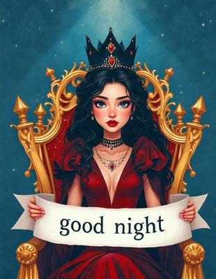The primary subject of the image is a woman wearing a crown and holding a sign that reads "Good Night." She is standing in front of a blue background. The visual style of the image is digital art, and the colors and mood are predominantly blue and calm.