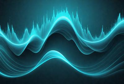 The primary subject of the image is a wave pattern, which is displayed in a digital art style. The setting is a dark background, and the visual style is a combination of digital art and illustration. The dominant colors in the image are blue and purple, creating a calm and serene atmosphere.