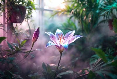 The primary subject of the image is a purple flower with a yellow center, which is the main focus of the scene. The flower is located in a garden setting, surrounded by green plants and a window. The visual style of the image is a photo, capturing the beauty of the flower in its natural environment. The dominant colors in the image are purple and green, creating a serene and calming atmosphere.