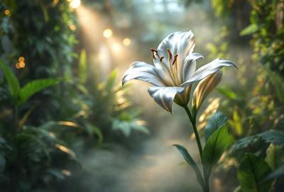 The primary subject of the image is a single white flower, which is the main focus of the scene. The flower is located in a forest setting, surrounded by green plants and trees. The visual style of the image is a photo, capturing the beauty of the flower in its natural environment. The dominant colors in the image are green and white, creating a serene and peaceful atmosphere.