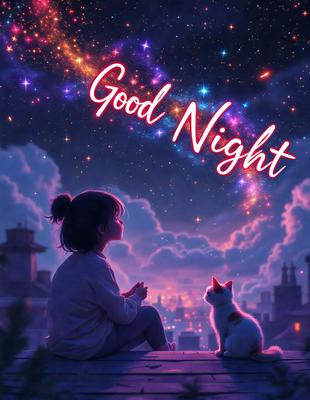 The primary subject of the image is a young girl sitting on a ledge, looking up at the night sky. The setting is a nighttime scene with a backdrop of a starry sky. The visual style is a digital art illustration, creating a whimsical and dreamy atmosphere. The colors are predominantly dark, with the starry sky providing a contrasting backdrop. The overall mood of the image is one of wonder and curiosity, as the girl gazes at the night sky and the cat beside her.