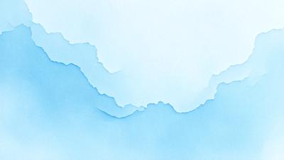 The primary subject of the image is a blue and white watercolor painting of a mountain. The setting is a cloudy sky, and the visual style is a watercolor painting. The dominant colors are blue and white, creating a serene and calming atmosphere.