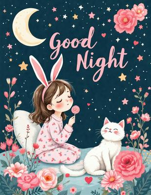 The primary subject of the image is a little girl sitting on a bed, holding a lollipop. The setting is a cozy bedroom, with a cat sitting next to her. The visual style is a digital art illustration, featuring a cute and colorful scene. The colors and mood are warm and inviting, with pink and white being the dominant colors.