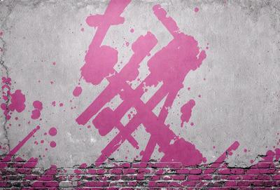 The primary subject of the image is a pink and purple painting or drawing on a brick wall. The setting is an outdoor environment with a brick wall as the background. The visual style appears to be a combination of digital art and illustration, creating a unique and artistic appearance. The colors and mood of the image are predominantly pink and purple, giving it a vibrant and lively atmosphere.