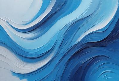 The primary subject of the image is a painting of a blue ocean with white waves. The setting is a blue background, and the visual style appears to be a digital art or illustration. The dominant colors are blue and white, creating a serene and calming atmosphere.