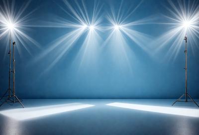 The primary subject of the image is a blue stage with three bright lights shining on it. The stage appears to be empty, and the lights create a dramatic and captivating atmosphere. The setting is a darkened room, and the visual style is a photo. The colors and mood of the image are predominantly blue, creating a calm and serene environment.