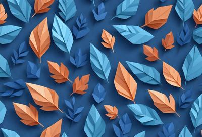 The primary subject of the image is a collection of leaves, which are the main objects in the scene. The leaves are arranged in a pattern, creating a visually appealing and artistic display. The setting is a blue background, which provides a contrasting and complementary color to the leaves. The visual style of the image is a combination of digital art and illustration, as the leaves are depicted in a detailed and intricate manner. The dominant colors in the image are blue and orange, which create a warm and inviting atmosphere.