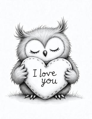 The primary subject of the image is a cute, colorful, and whimsical illustration of an owl holding a heart. The owl is the main focus of the image, and it appears to be a digital art or illustration. The setting is a grassy area, and the visual style is a combination of a photo and a drawing. The colors and mood of the image are warm and inviting, with the owl and heart symbolizing love and affection.