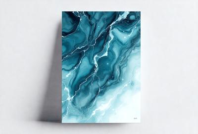 The primary subject of the image is a blue and white painting of a marble-like texture. The setting is a white background, which provides a clean and minimalist appearance. The visual style is a painting, which gives the image a more artistic and creative feel. The dominant colors are blue and white, creating a sense of calmness and sophistication.