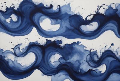 The primary subject of the image is a painting of a blue wave. The setting is a white background, and the visual style appears to be a digital art or illustration. The dominant colors in the painting are blue and white, creating a serene and calming atmosphere.