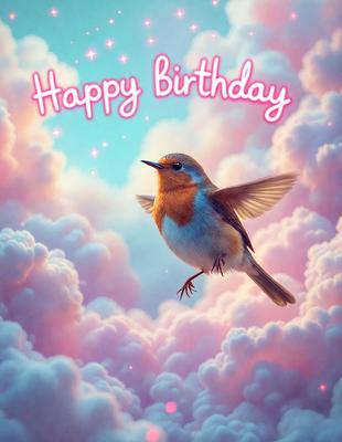 The primary subject of the image is a small bird, which is flying in a pink and white cloudy sky. The bird is positioned in the center of the scene, and its wings are spread out, giving the impression of a bird in flight. The setting is a whimsical and dreamy atmosphere, with the bird soaring through the clouds. The visual style of the image is a combination of digital art and illustration, creating a vibrant and lively scene. The colors and mood of the image are predomin