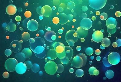 The primary subject of the image is a vibrant and colorful display of bubbles. The bubbles are floating in a dark blue background, creating a visually striking contrast. The setting appears to be a space or a futuristic environment, as the bubbles are floating in a void. The visual style of the image is a combination of digital art and illustration, with the bubbles being the main focus of the composition. The colors and mood of the image are lively and energetic, with