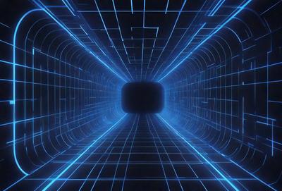 The primary subject of the image is a tunnel-like structure with a blue lighting effect. The setting is a dark, enclosed space, and the visual style appears to be a digital art or illustration. The dominant colors are blue and black, creating a futuristic and mysterious atmosphere.