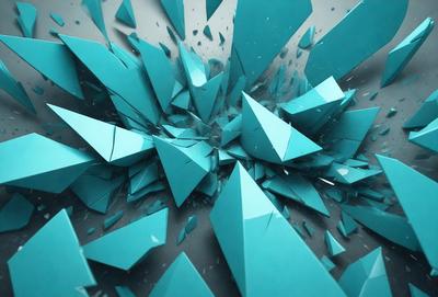 The primary subject of the image is a large, blue, three-dimensional structure that resembles a shattered glass or a broken diamond. The setting is a black background, which contrasts with the blue color of the structure. The visual style appears to be a digital art or illustration, as the structure is depicted in a three-dimensional manner. The colors and mood of the image are predominantly blue, creating a sense of depth and complexity.