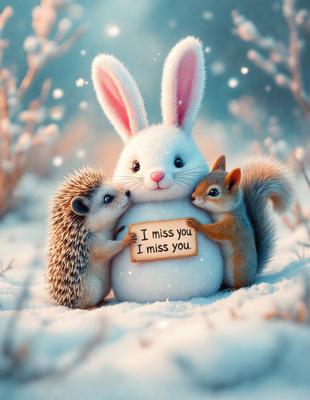 The primary subject of the image is a snowy scene featuring a white rabbit, a hedgehog, and a squirrel. The rabbit is holding a sign that reads "I miss you." The setting is a snowy environment, and the visual style appears to be a digital art or illustration. The colors in the image are predominantly white and gray, creating a cold and wintry atmosphere.