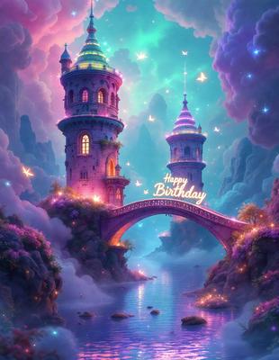 The primary subject of the image is a beautifully illustrated castle with a bridge leading to it. The setting is a fantasy world with a purple sky, and the visual style is a digital art or illustration. The colors and mood of the image are vibrant and whimsical, creating a sense of wonder and excitement.