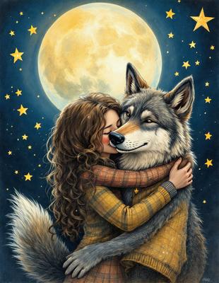 The primary subject of the image is a woman hugging a large wolf. The setting is a nighttime scene with a moon in the background. The visual style is an illustration or a painting, creating a warm and cozy atmosphere. The colors are predominantly dark, with the woman's hair being the most prominent feature in the image.