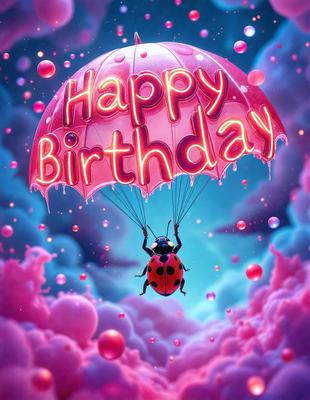 Happy Birthday: [The main object, scene, or focus of the image is a ladybug with the words "Happy Birthday" written on it, floating in a pink and purple cloudy sky.]

Setting/background: [The environment, backdrop, or surface visible in the image is a pink and purple cloudy sky.]

Visual style: [The image is a digital art or illustration.]

Colors and mood: [The dominant colors in the image are p