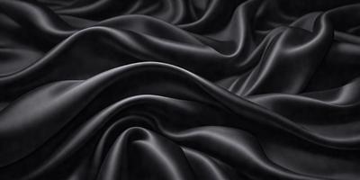 The primary subject of the image is a close-up of a black fabric, possibly a piece of clothing or a curtain. The setting is a dark background, which emphasizes the fabric's texture and color. The visual style appears to be a photo, as it captures the fabric's details and texture. The colors and mood of the image are predominantly dark, with the black fabric being the main focus.